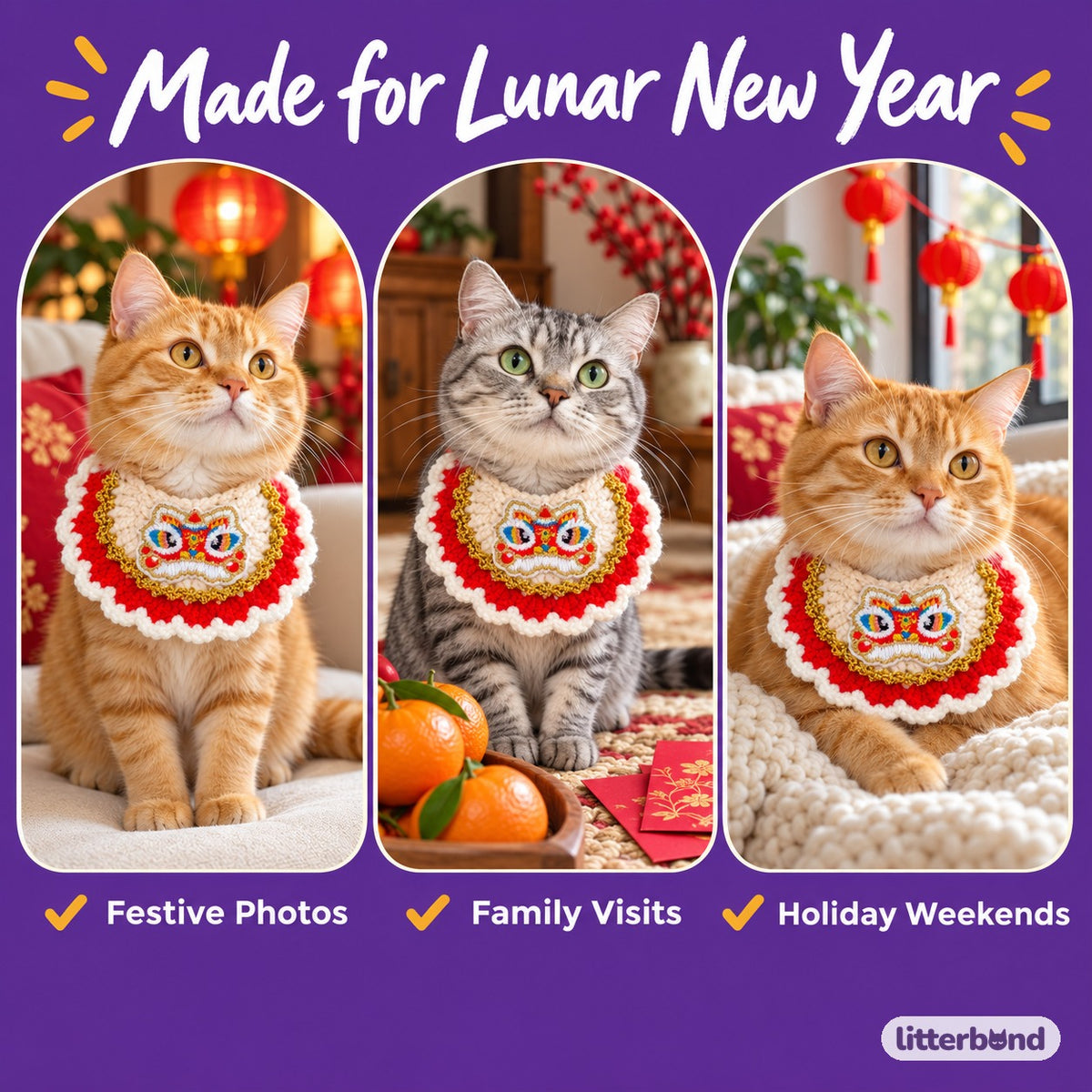 Gold-Trim Crochet Bib for New Year on a cat at home
