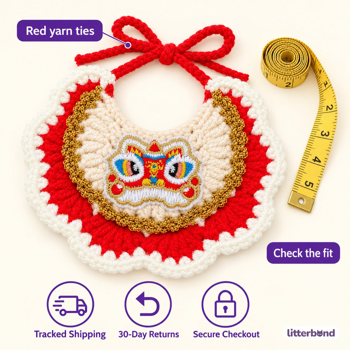Gold-Trim Crochet Bib for New Year - size and details