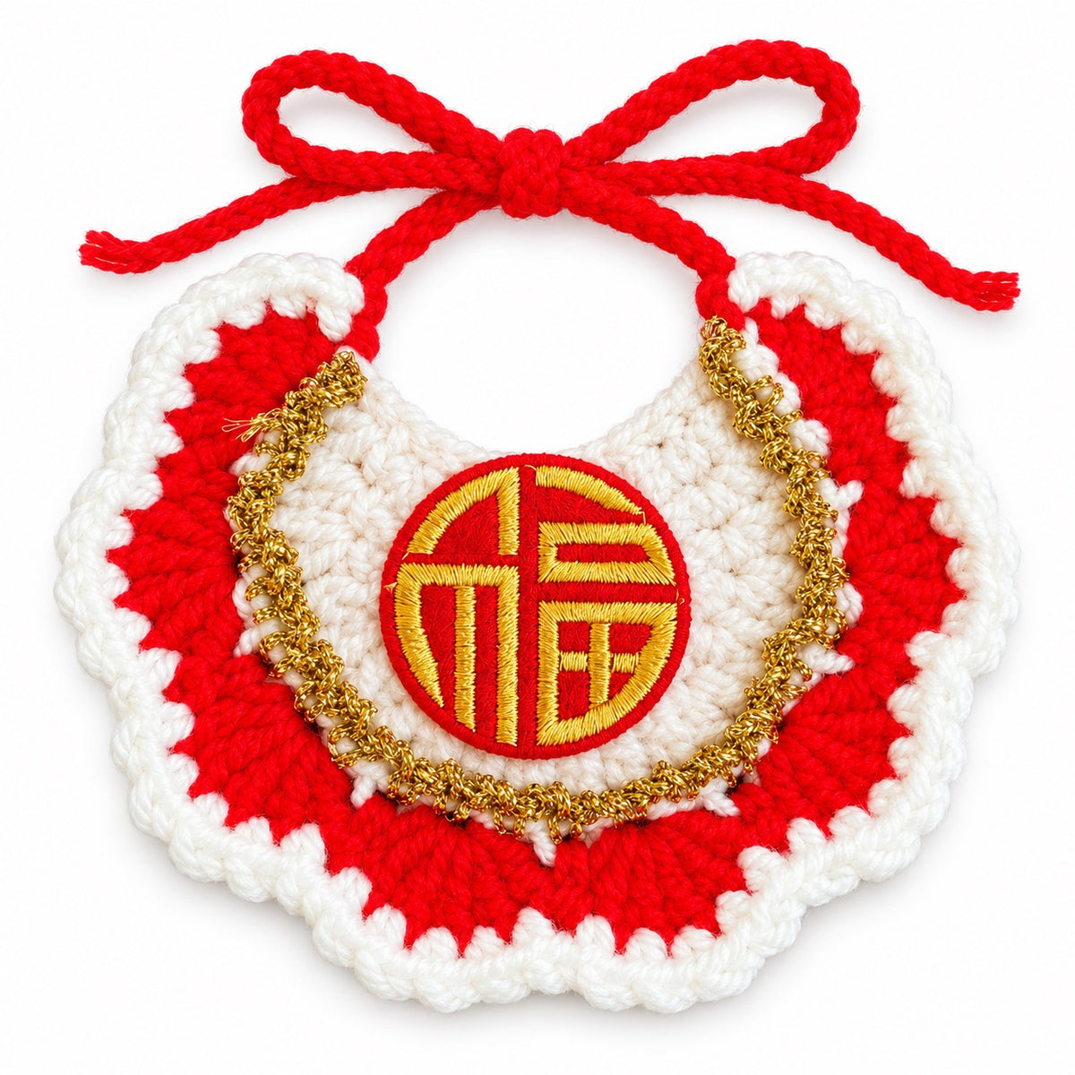 Gold-Trim Crochet Bib for New Year - Round Festive Emblem