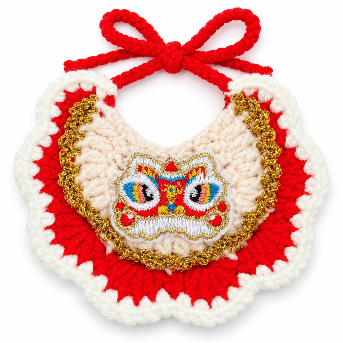 Gold-Trim Crochet Bib for New Year - Lion Dance