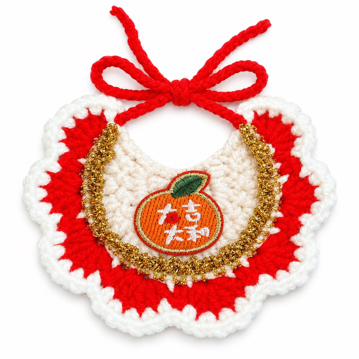 Gold-Trim Crochet Bib for New Year - Mandarin Orange