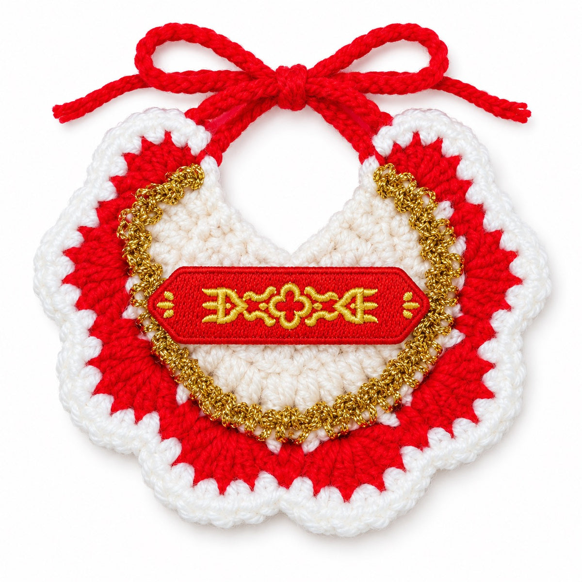 Gold-Trim Crochet Bib for New Year - Red Festive Plaque