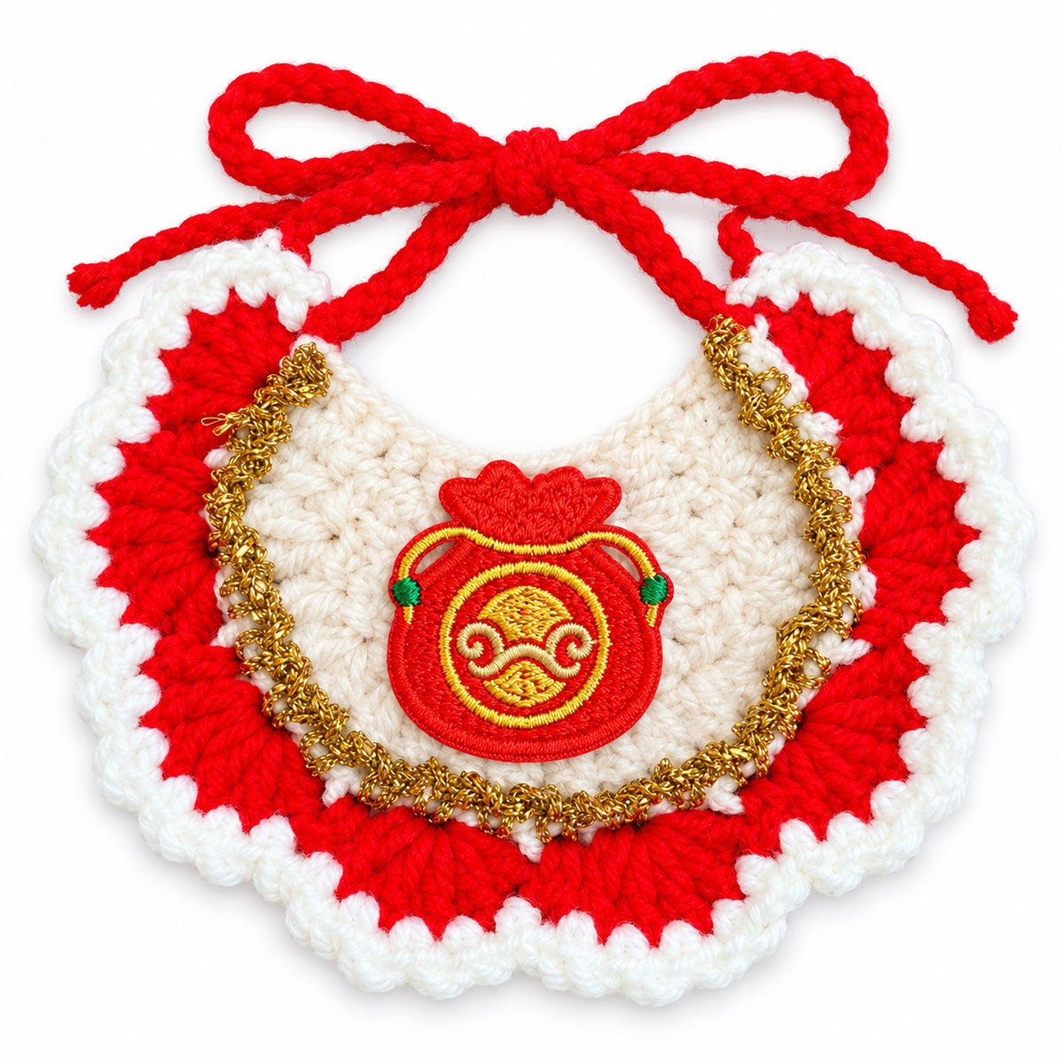 Gold-Trim Crochet Bib for New Year - Red Pouch
