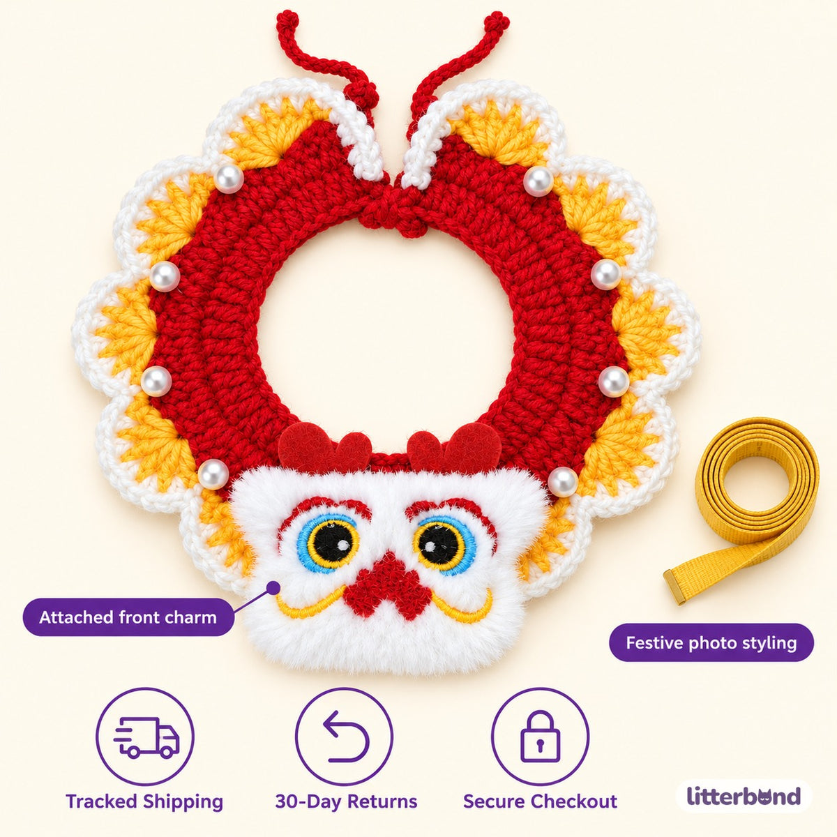 Pearl-Trim Crochet Collar for Festive Photos - size and details