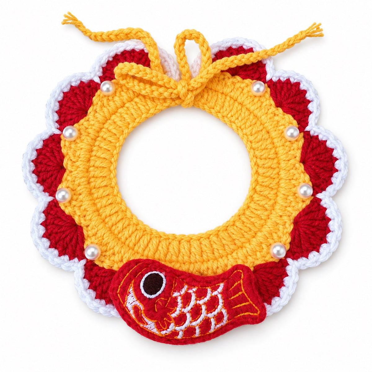 Pearl-Trim Crochet Collar for Festive Photos - Red Koi