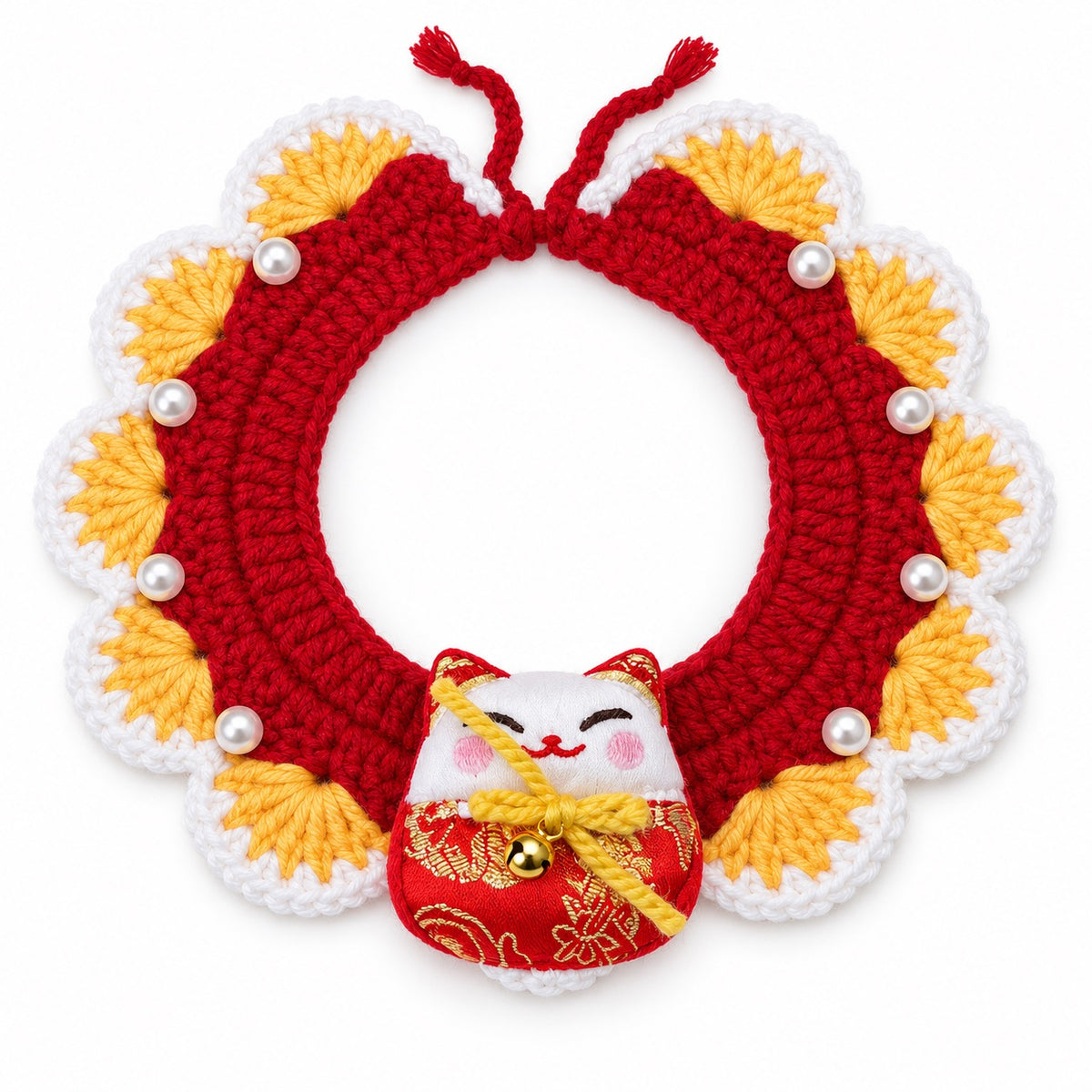 Pearl-Trim Crochet Collar for Festive Photos - Lucky Cat Charm