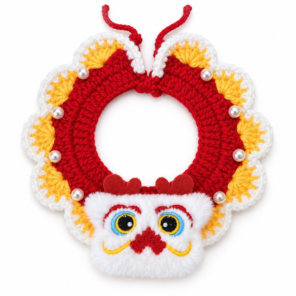 Pearl-Trim Crochet Collar for Festive Photos - White Lion Dance