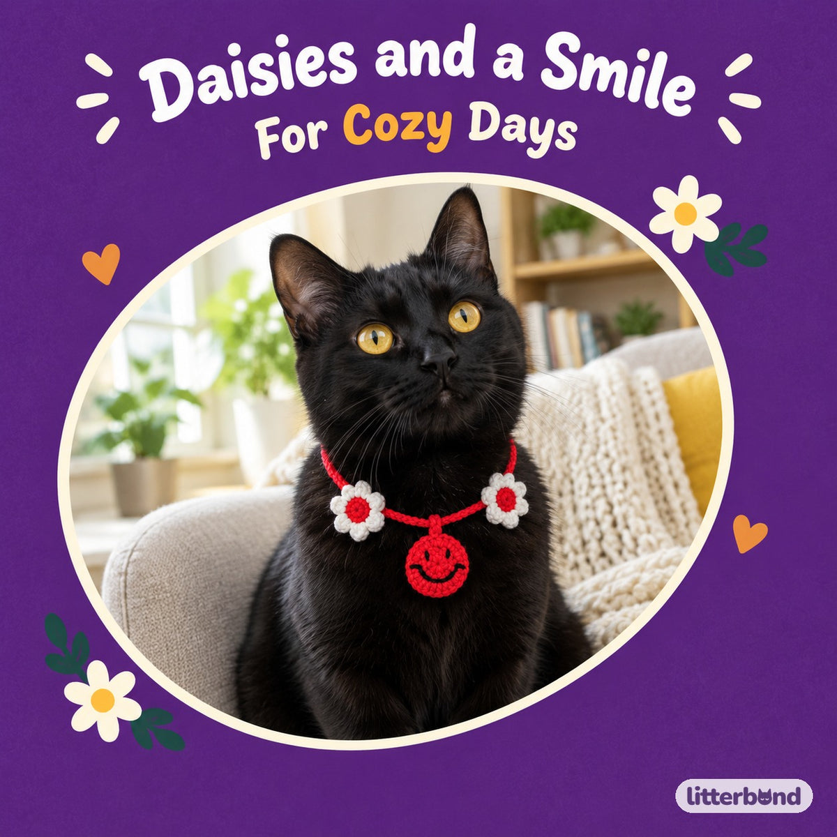 Daisy Happy Face Crochet Collar on a cat
