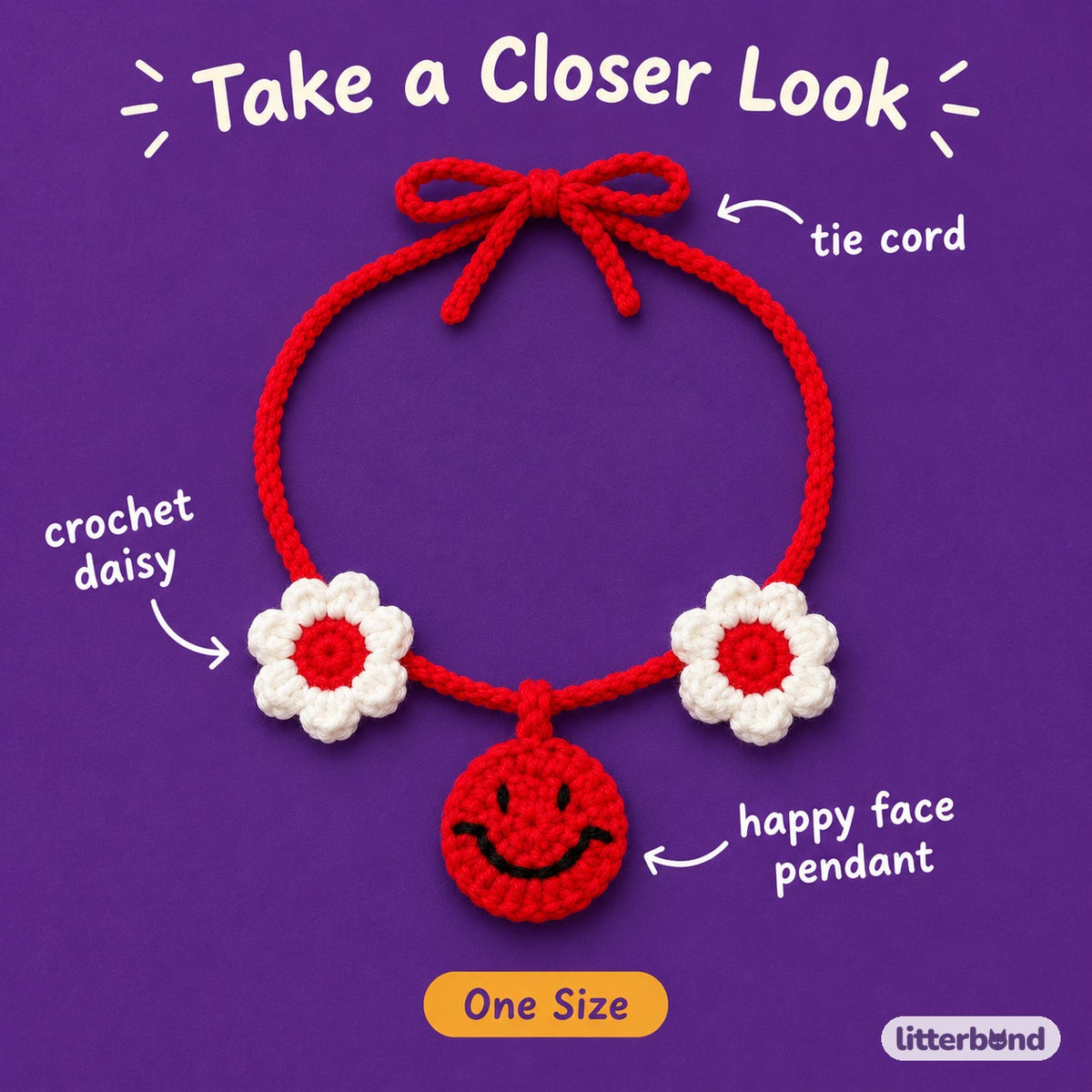 Daisy Happy Face Crochet Collar - close-up details