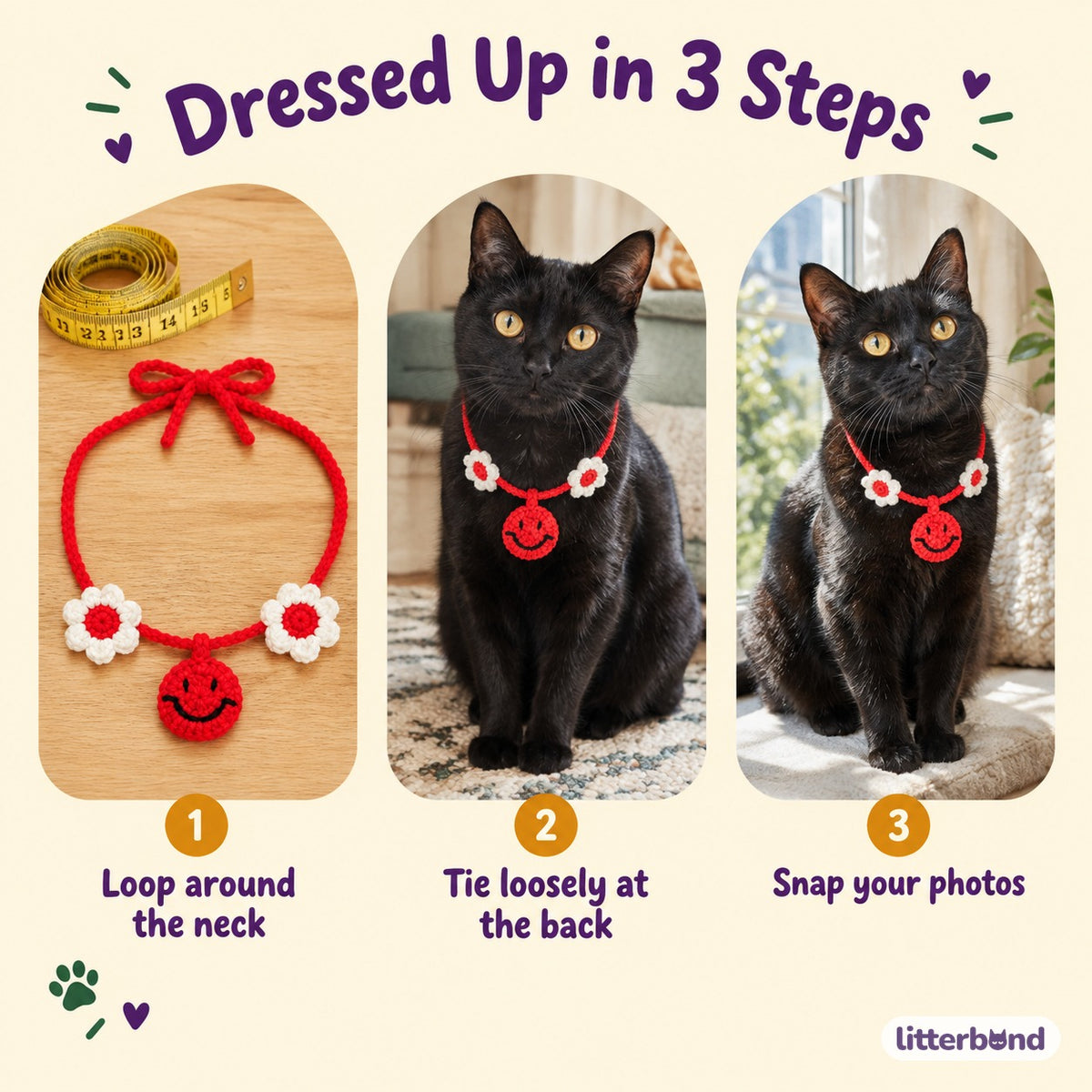 Daisy Happy Face Crochet Collar - how to put it on
