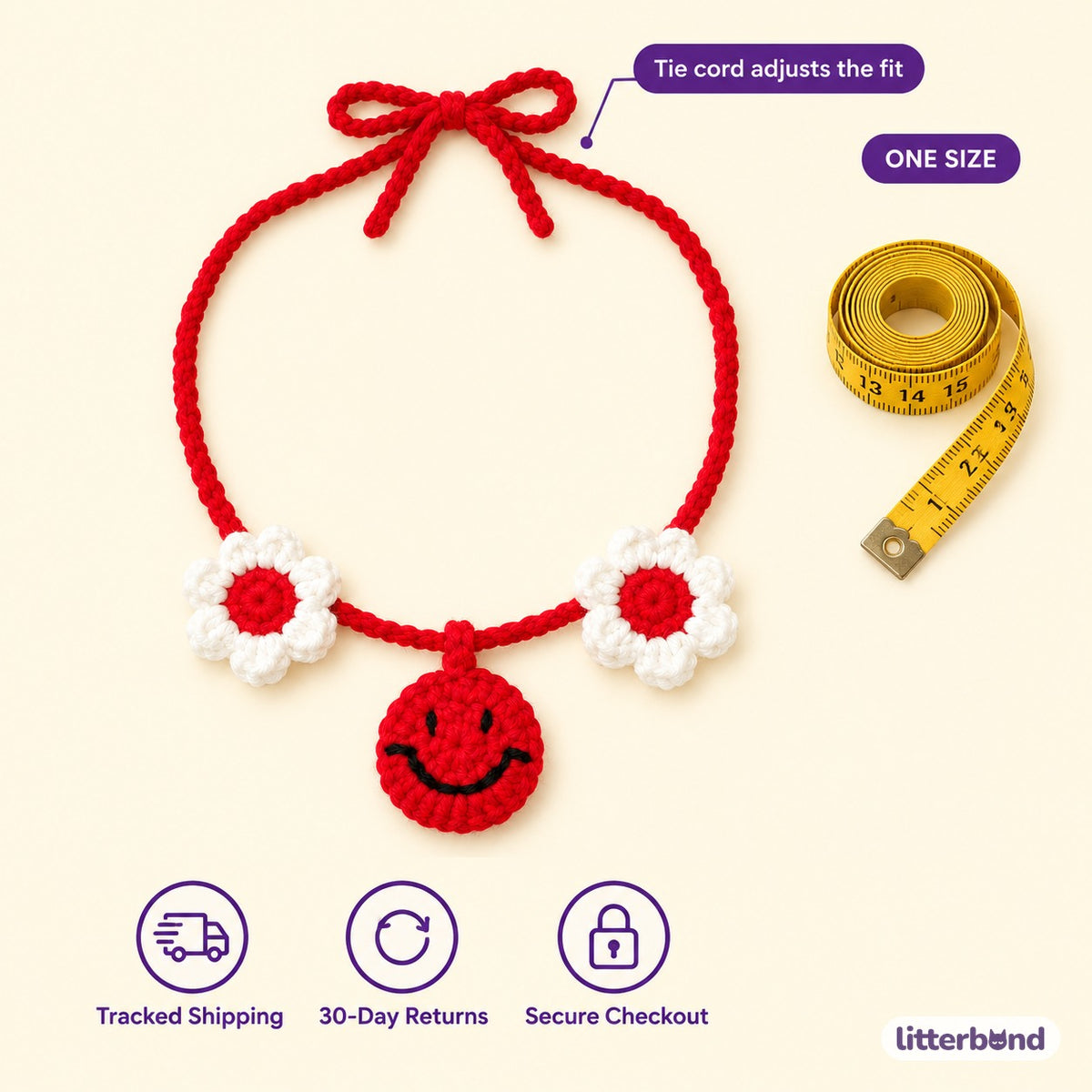 Daisy Happy Face Crochet Collar - size and details