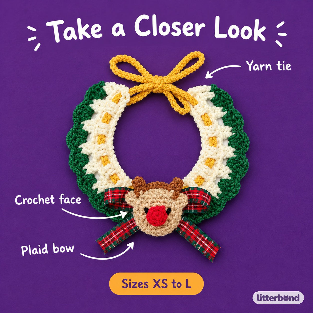 Reindeer & Snowman Crochet Collar - close-up details