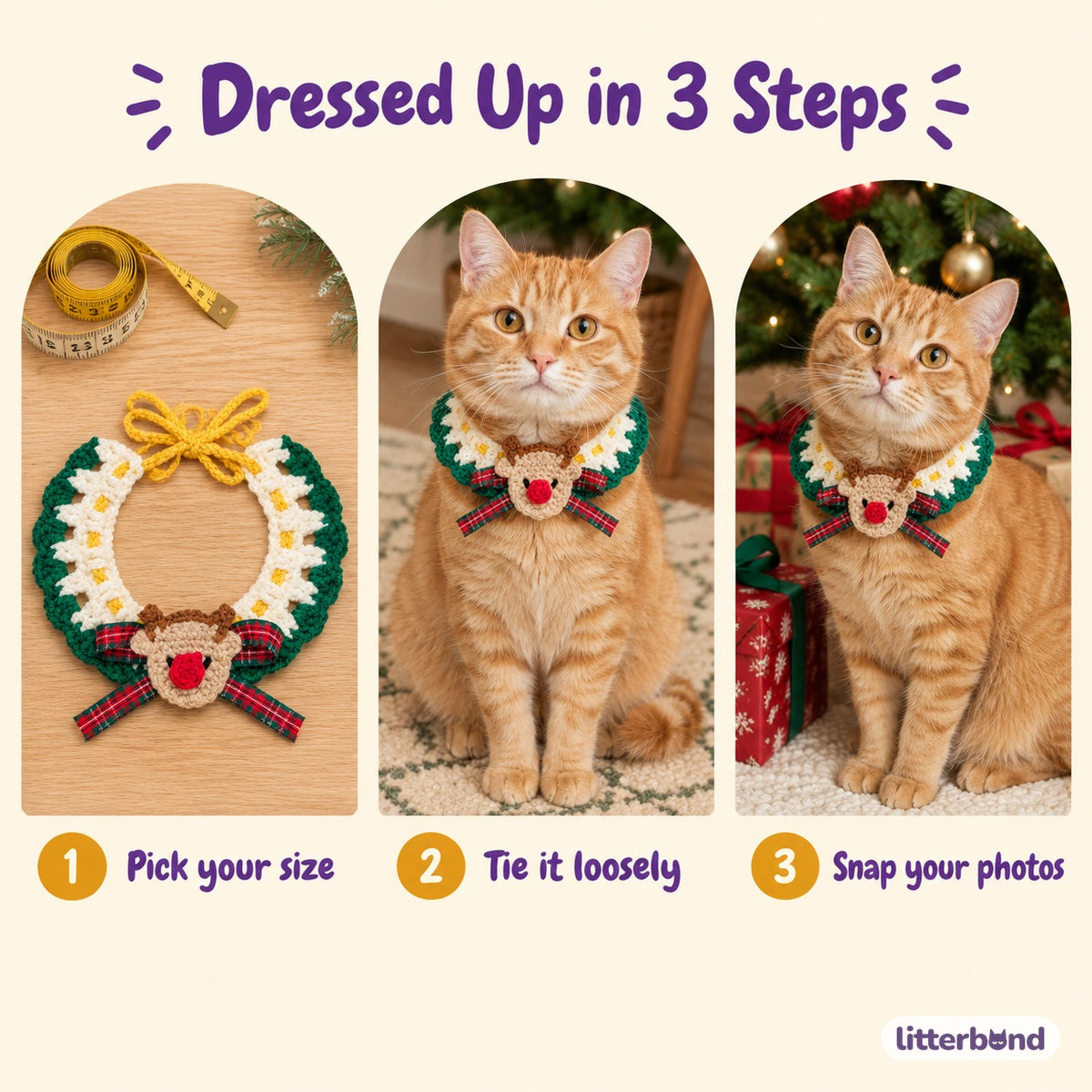 Reindeer & Snowman Crochet Collar - how to put it on
