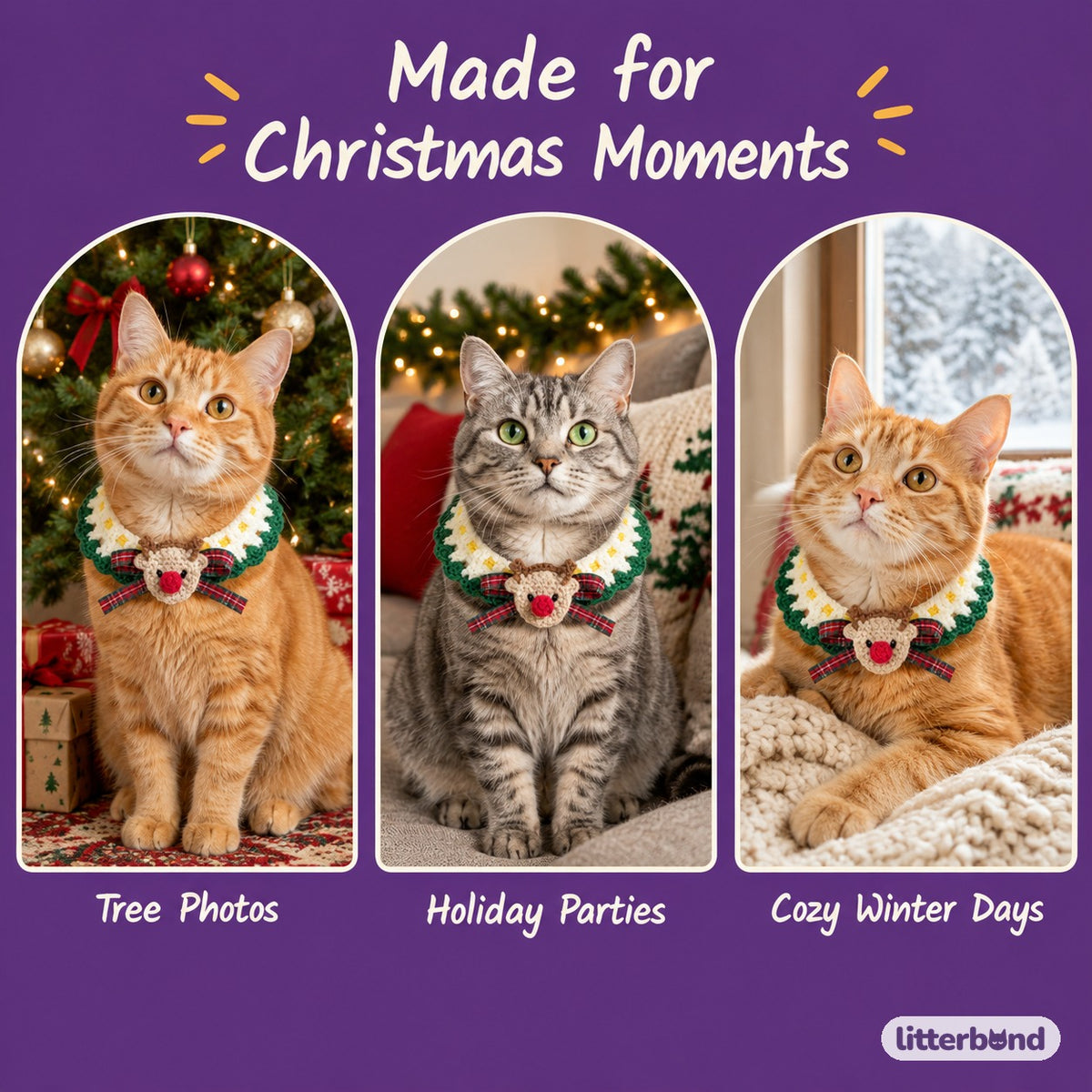 Reindeer & Snowman Crochet Collar on a cat at home