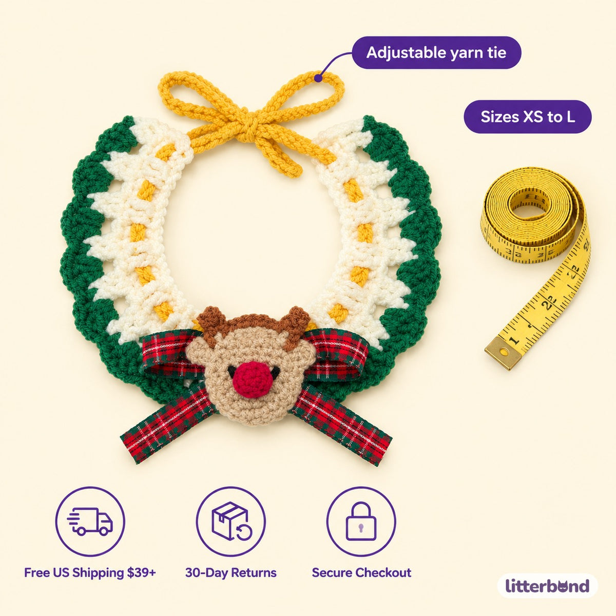 Reindeer & Snowman Crochet Collar - size and details