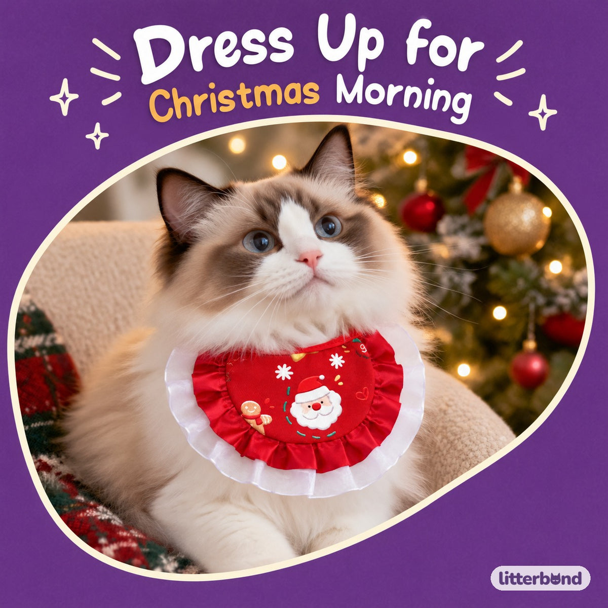 Christmas Print Ruffle Bib on a cat