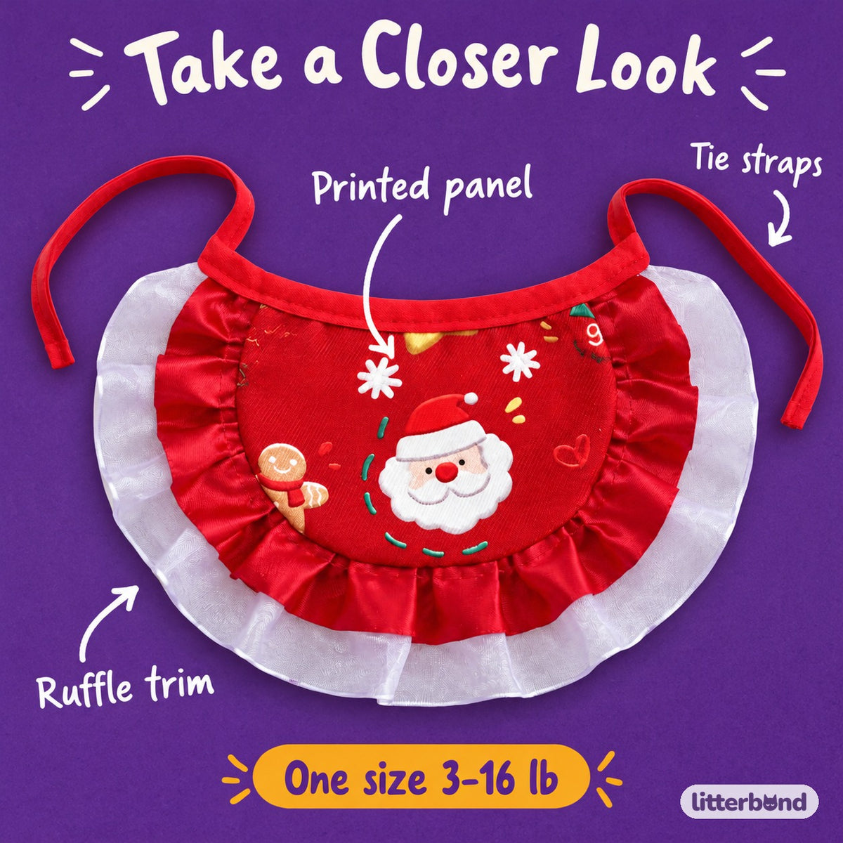 Christmas Print Ruffle Bib - close-up details