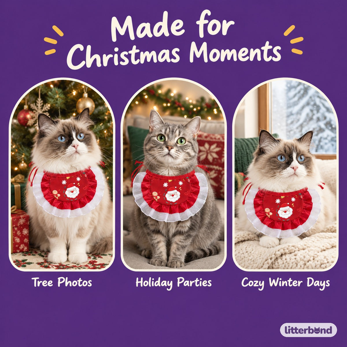 Christmas Print Ruffle Bib on a cat at home