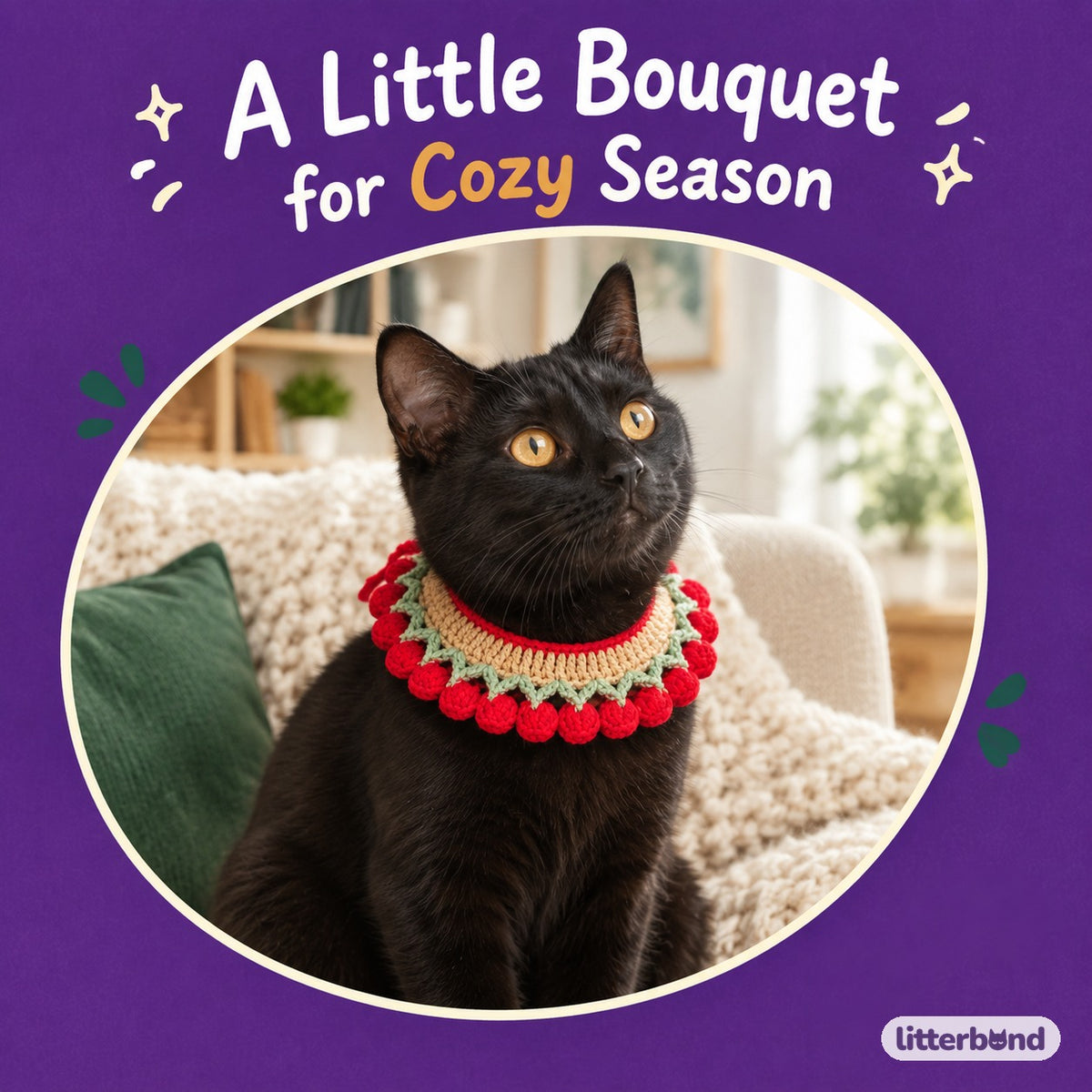 Red Tulip Crochet Collar on a cat