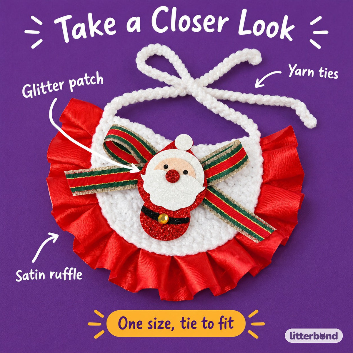 Glitter Patch Satin Ruffle Bib - close-up details