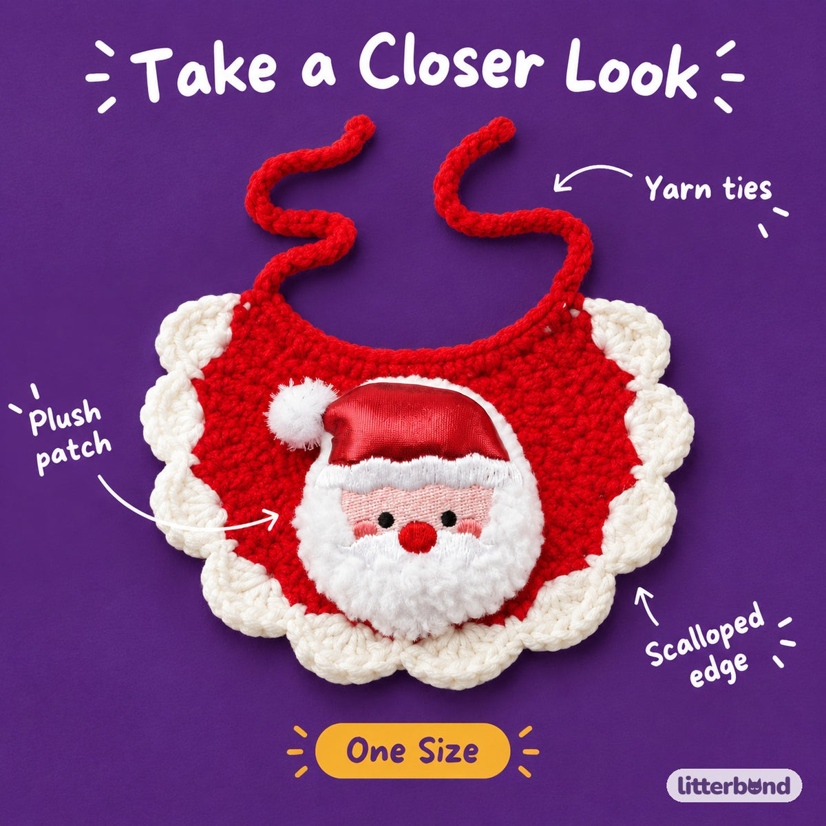 Red Crochet Plush Patch Bib - close-up details