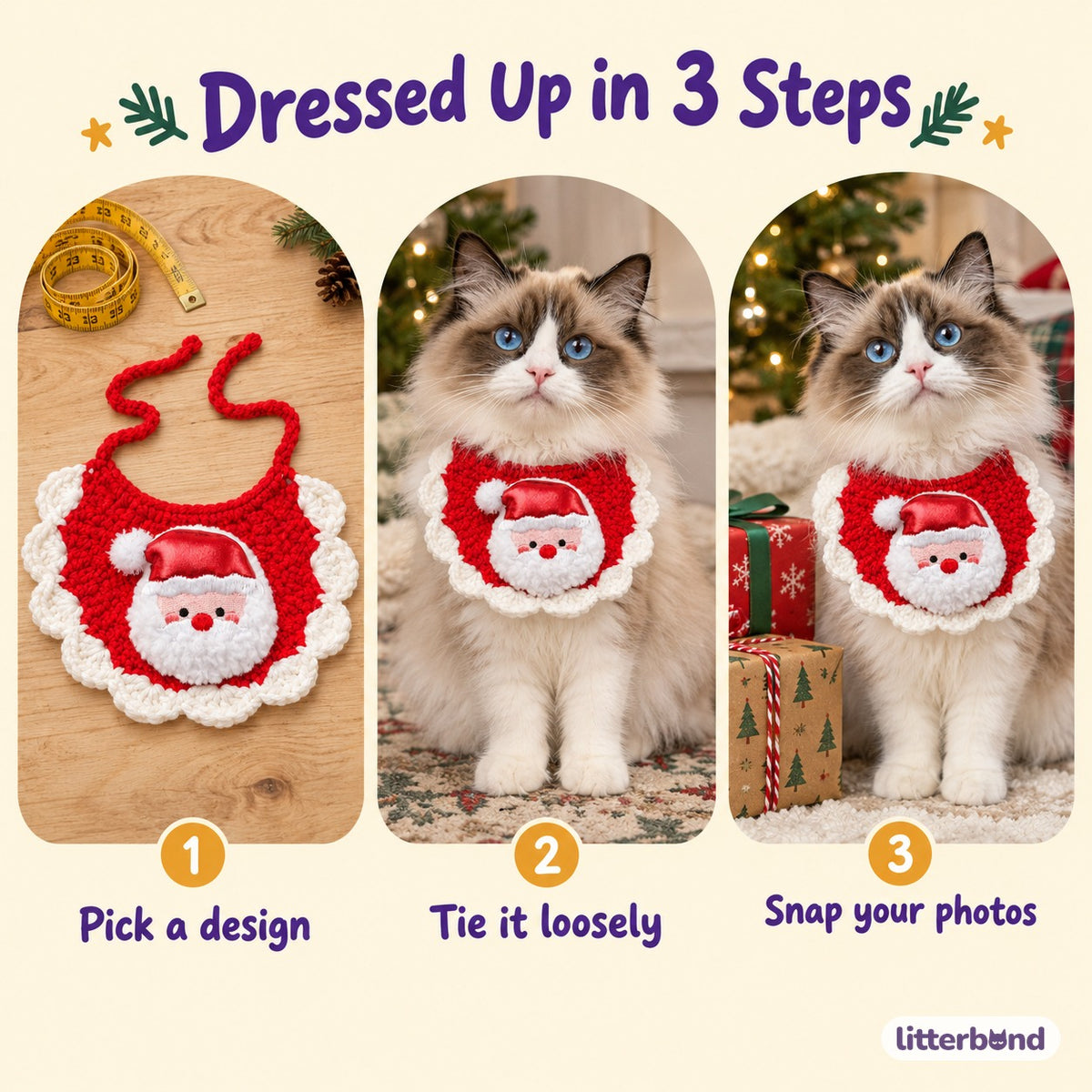Red Crochet Plush Patch Bib - how to put it on