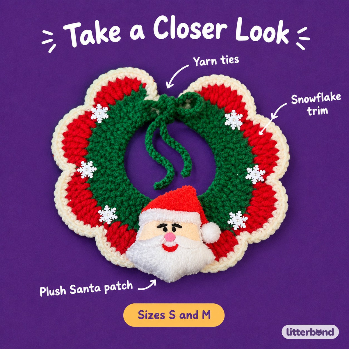 Santa & Pom-Pom Crochet Collar - close-up details