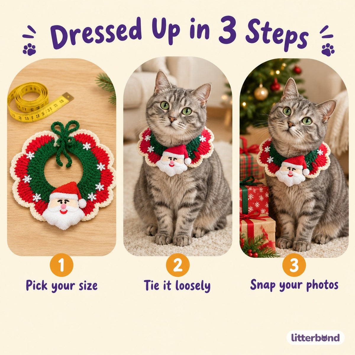 Santa & Pom-Pom Crochet Collar - how to put it on