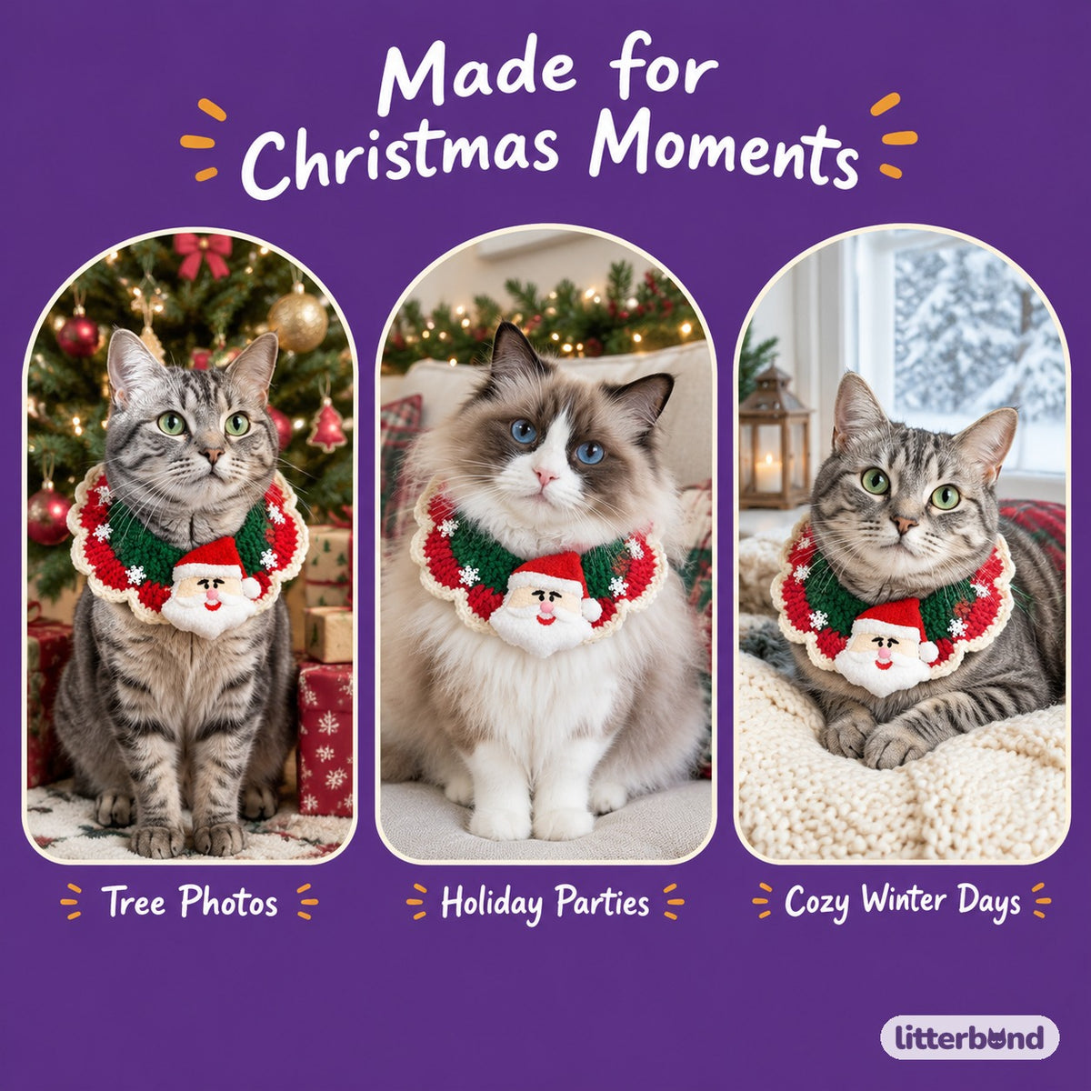 Santa & Pom-Pom Crochet Collar on a cat at home