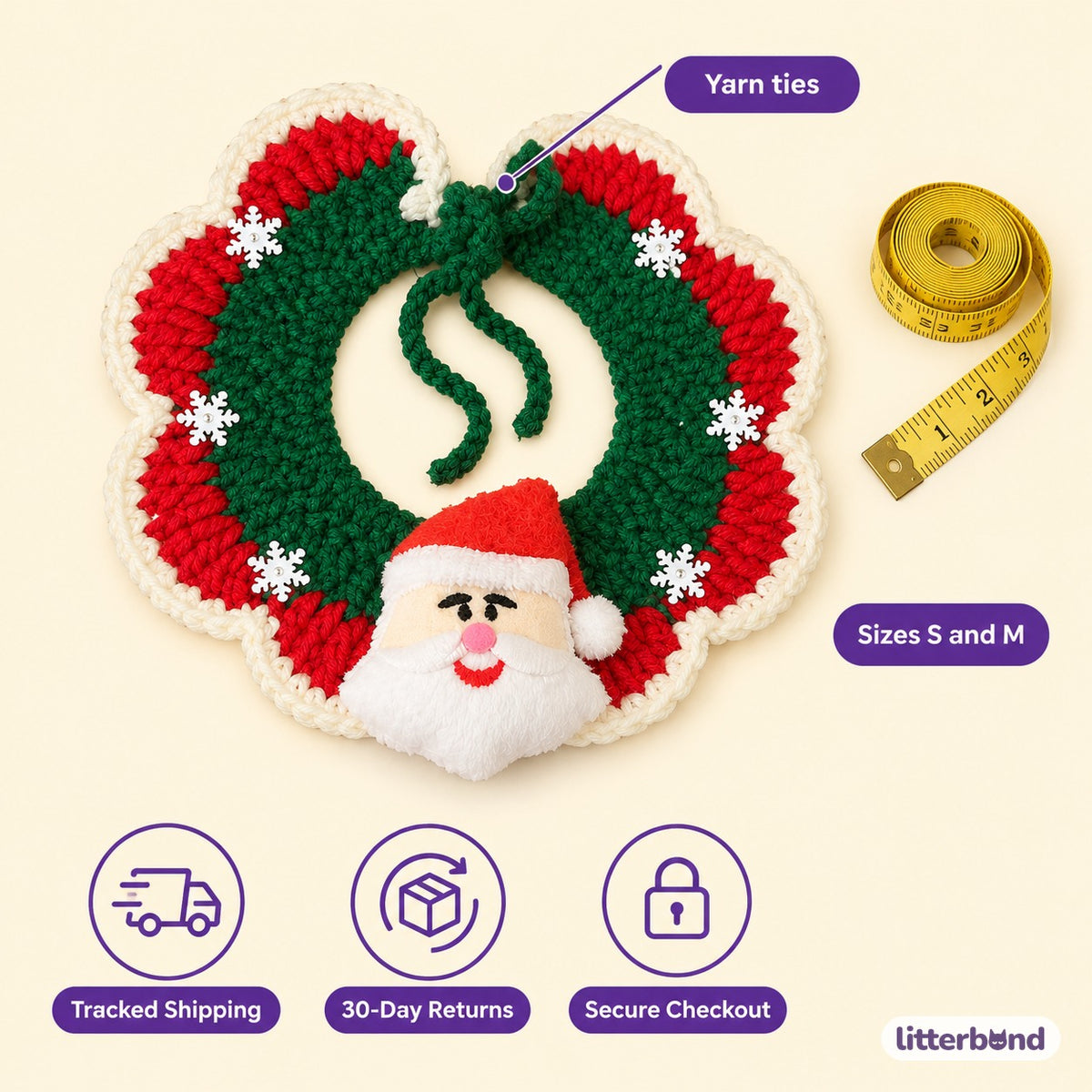 Santa & Pom-Pom Crochet Collar - size and details