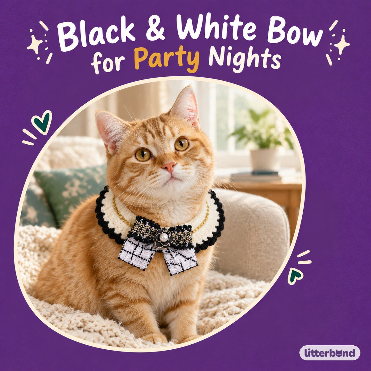 Tweed Bow Crochet Collar on a cat