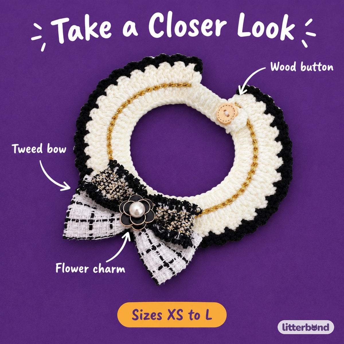Tweed Bow Crochet Collar - close-up details