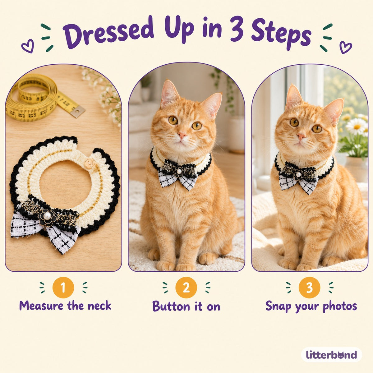 Tweed Bow Crochet Collar - how to put it on