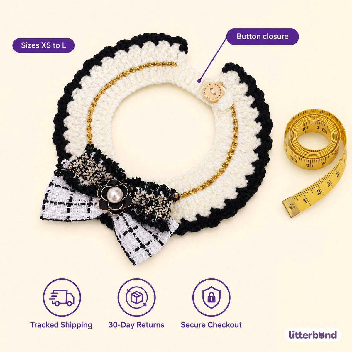 Tweed Bow Crochet Collar - size and details