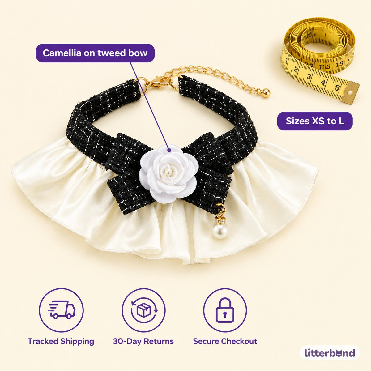 Camellia Tweed Bow Collar - size and details