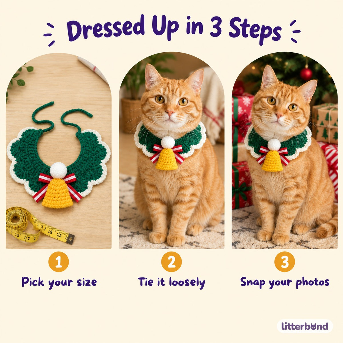 Green Bell Crochet Collar - how to put it on