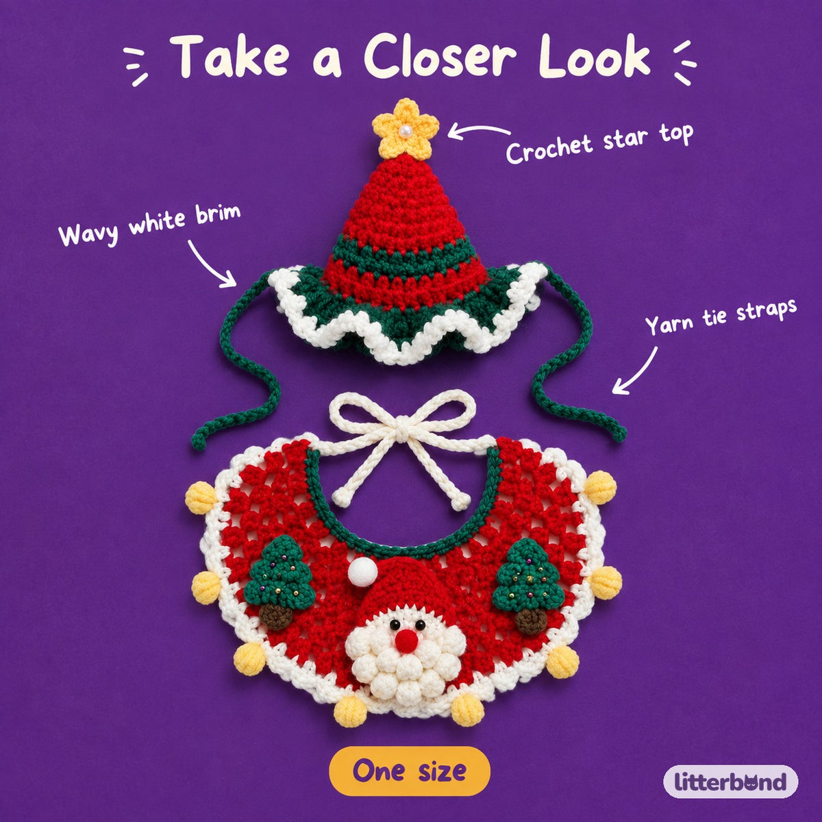 Elf & Tree Hat & Collar Set - close-up details
