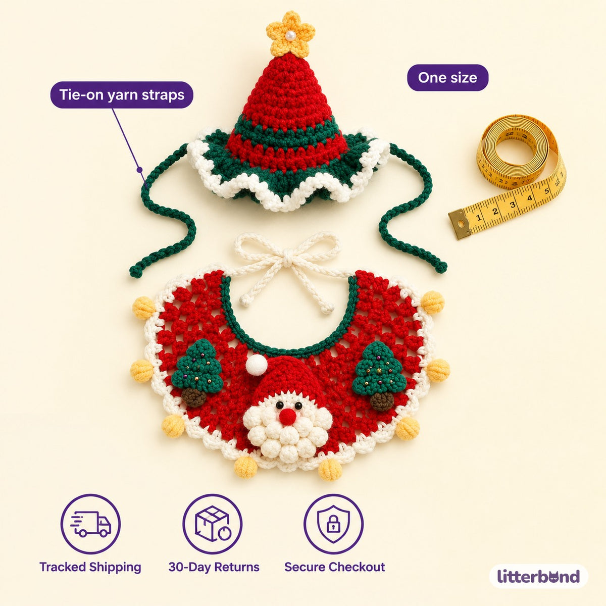Elf & Tree Hat & Collar Set - size and details