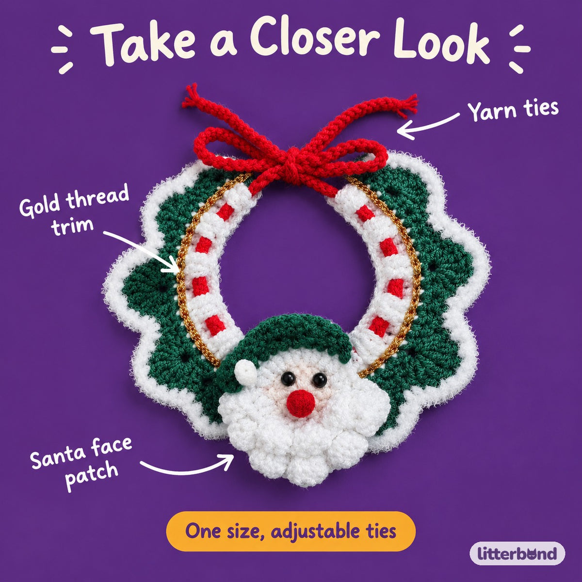 Gold-Thread Santa Wreath Collar - close-up details