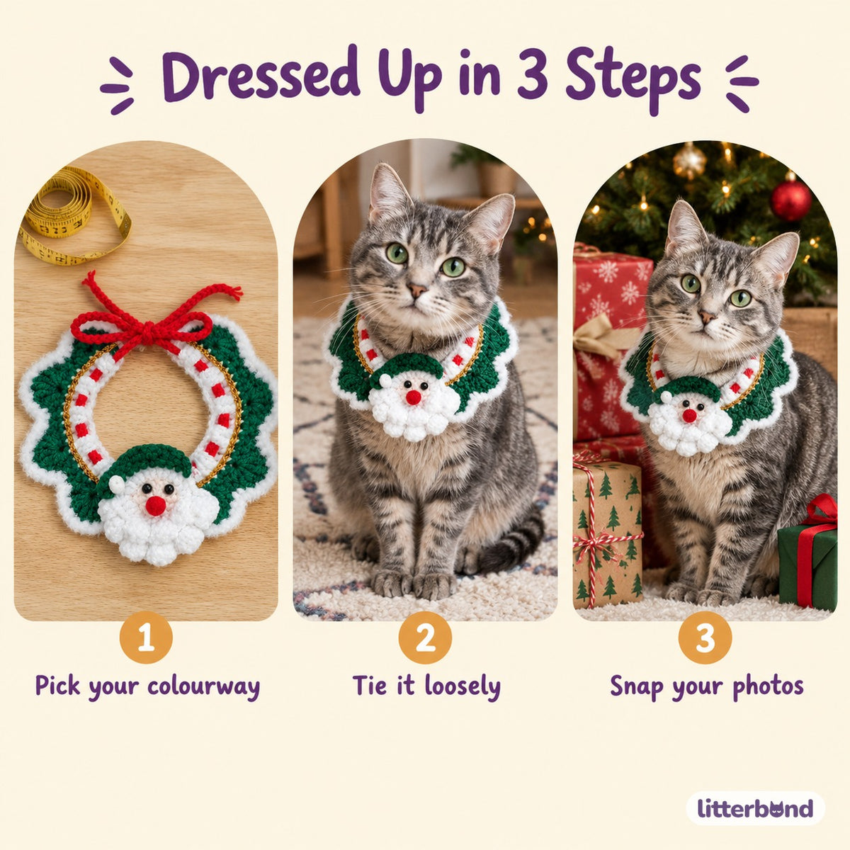 Gold-Thread Santa Wreath Collar - how to put it on
