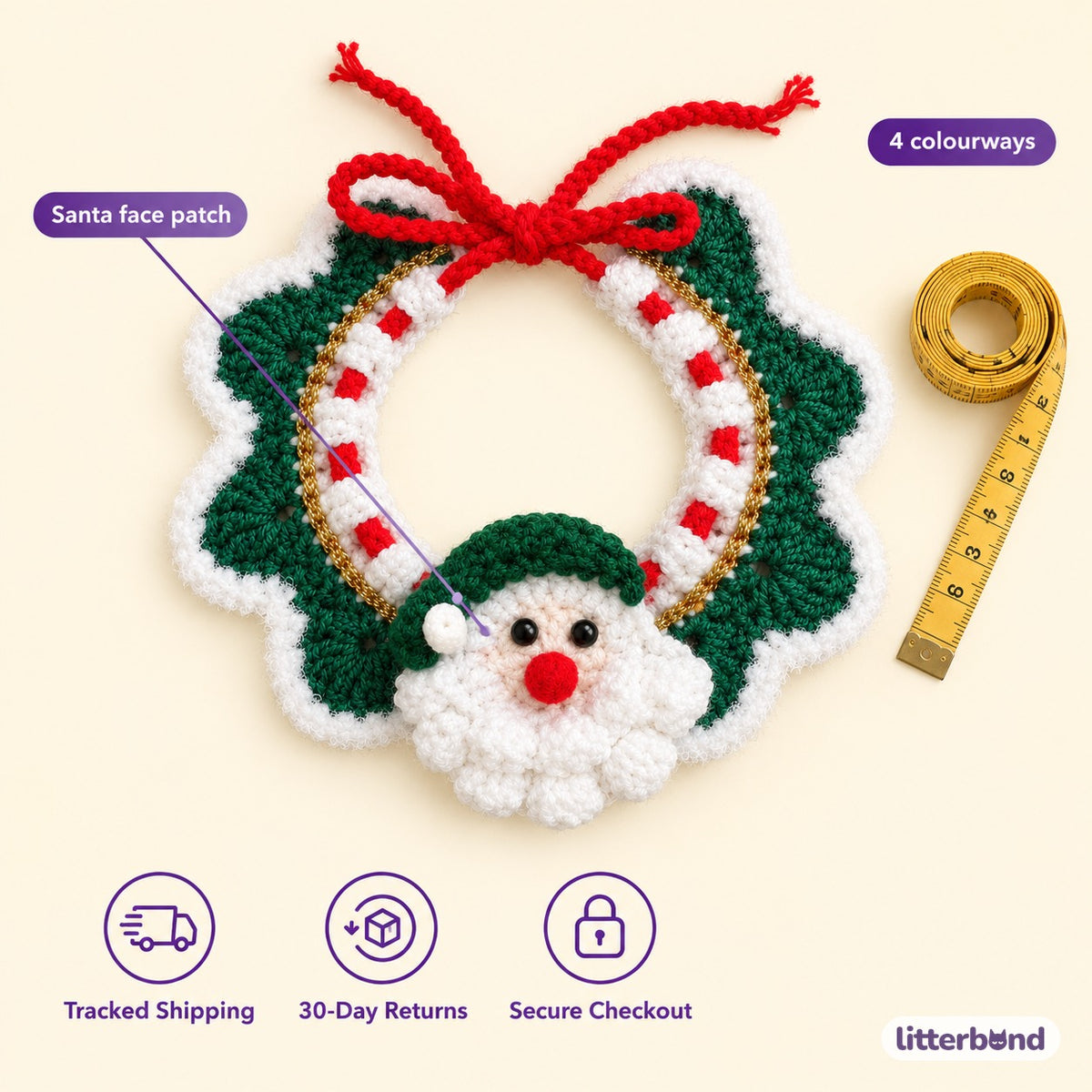 Gold-Thread Santa Wreath Collar - size and details