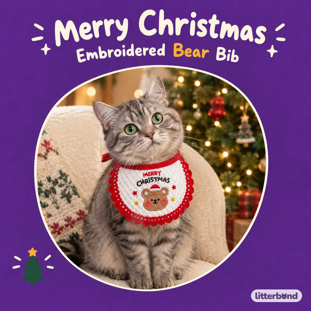 Merry Christmas Bear Bib on a cat