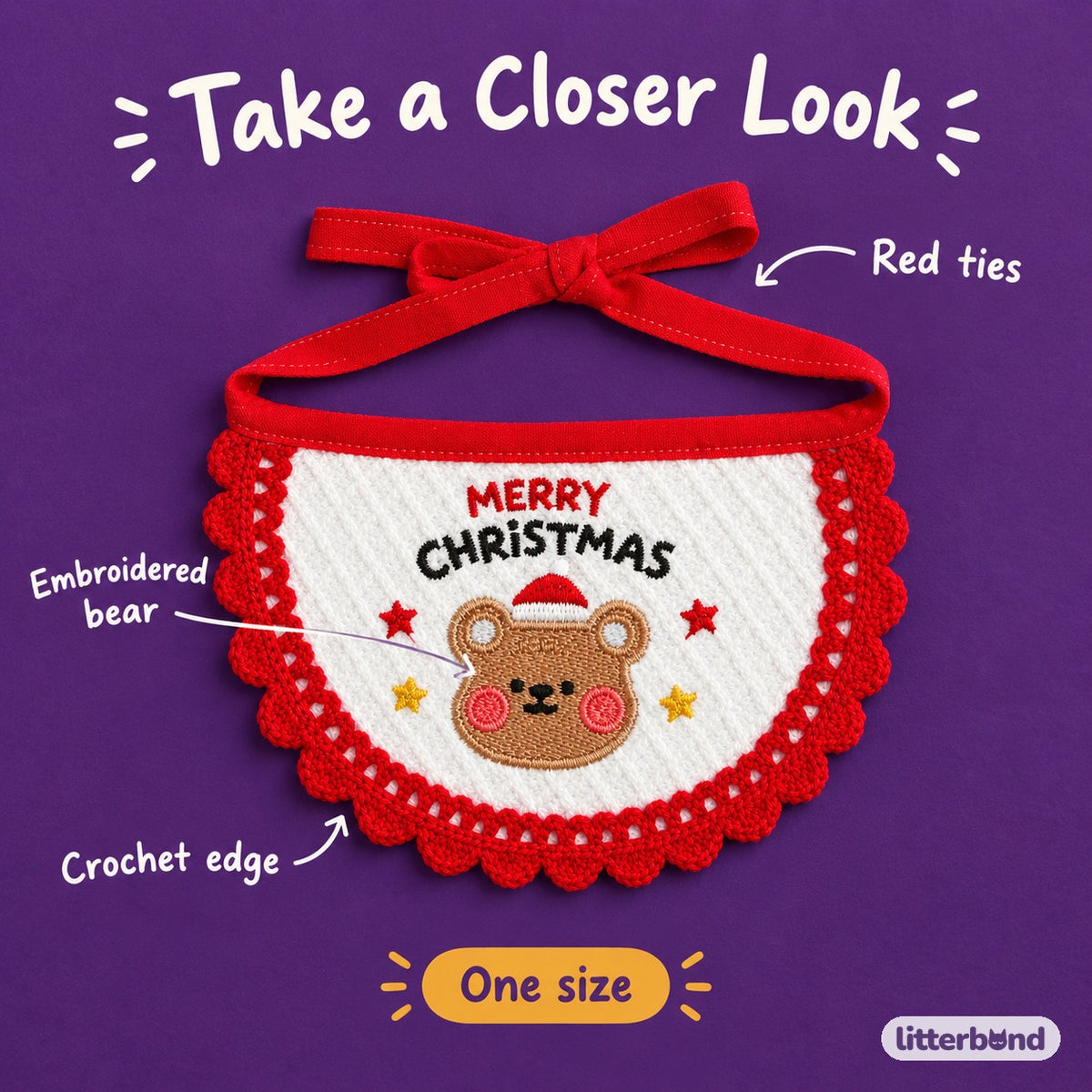 Merry Christmas Bear Bib - close-up details