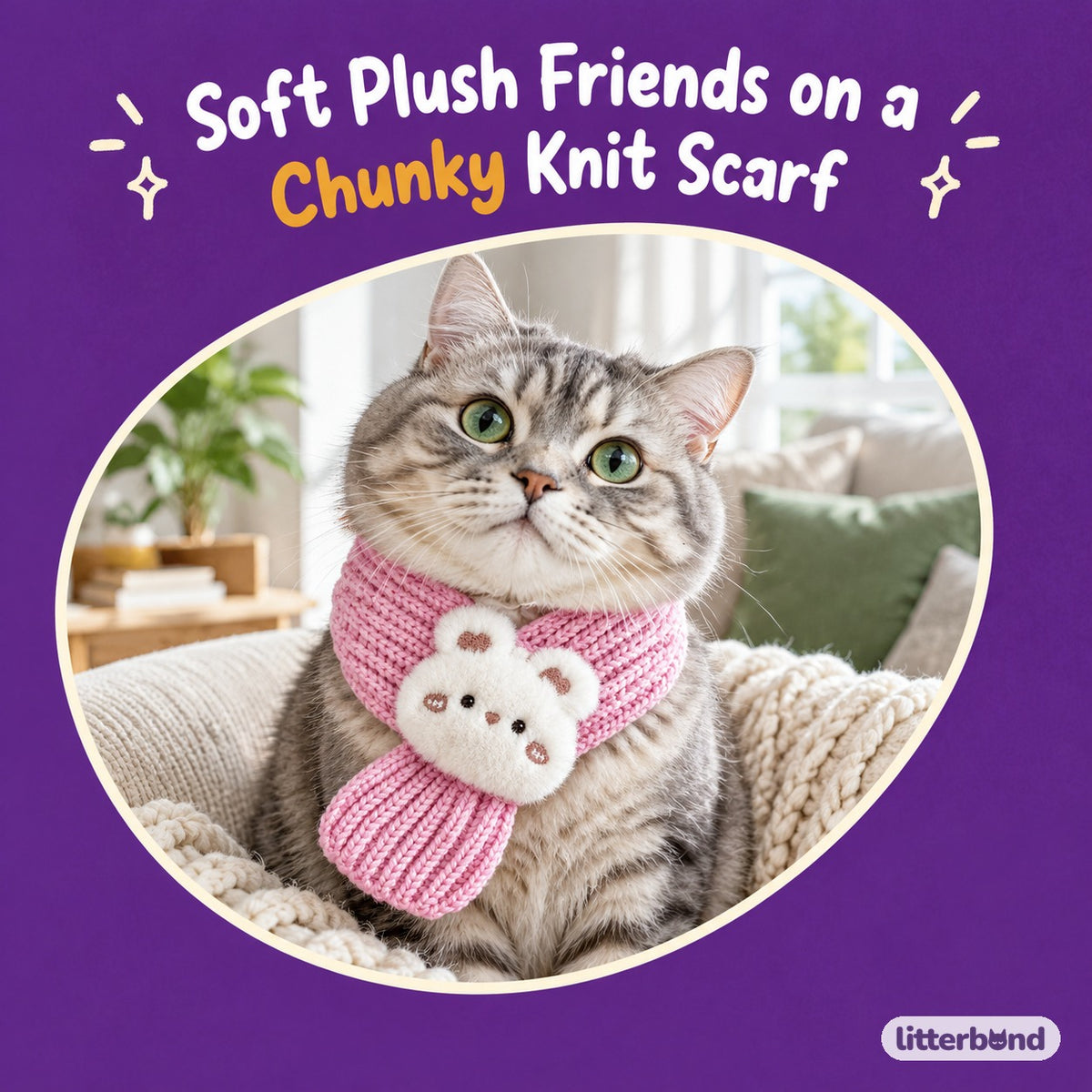 Plush Face Knit Scarf on a cat