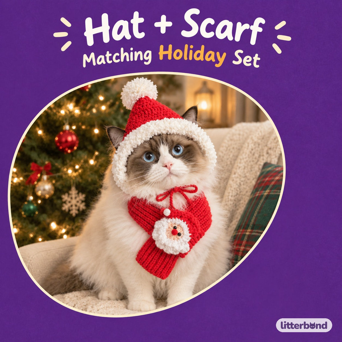 Santa Face Scarf & Bonnet Set on a cat