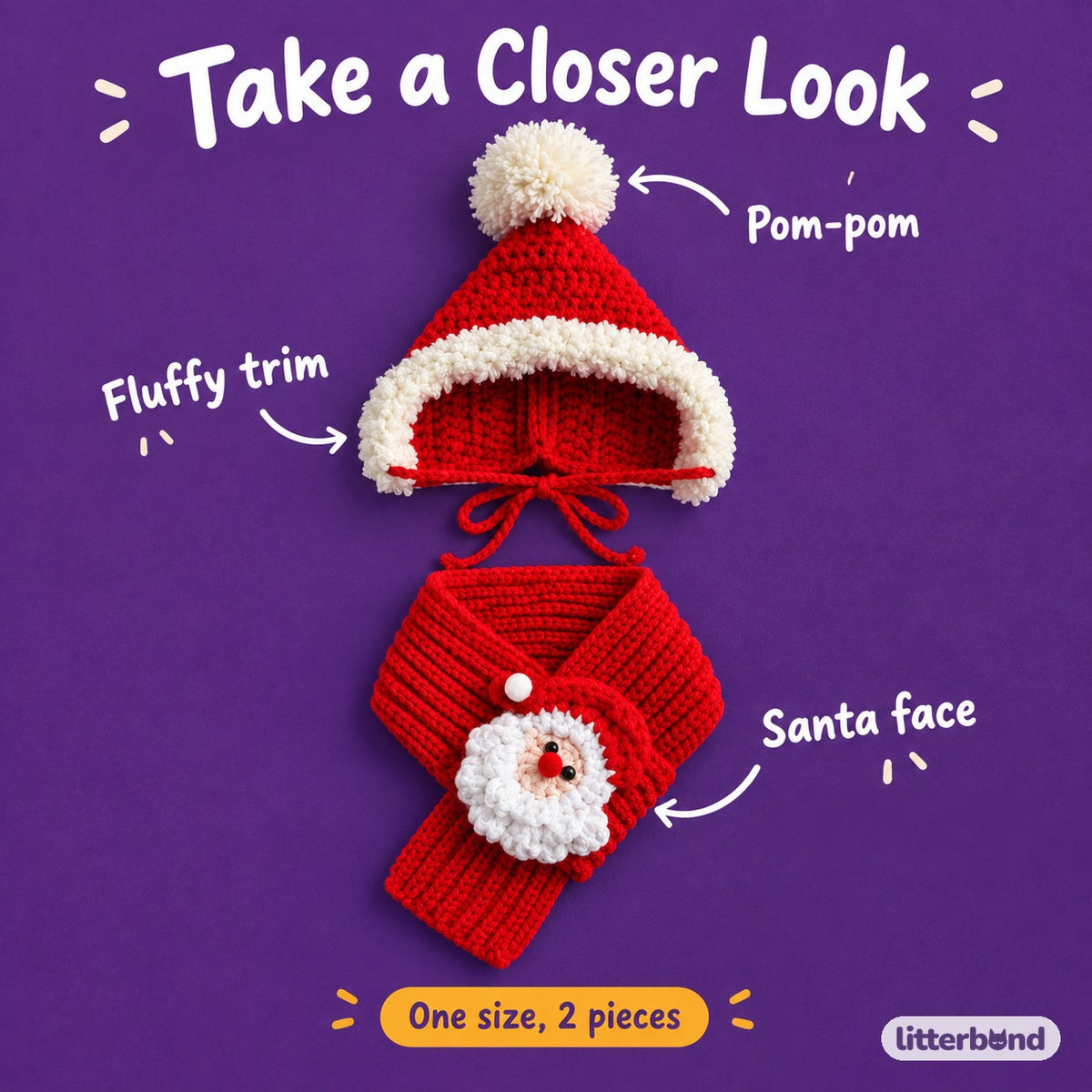 Santa Face Scarf & Bonnet Set - close-up details