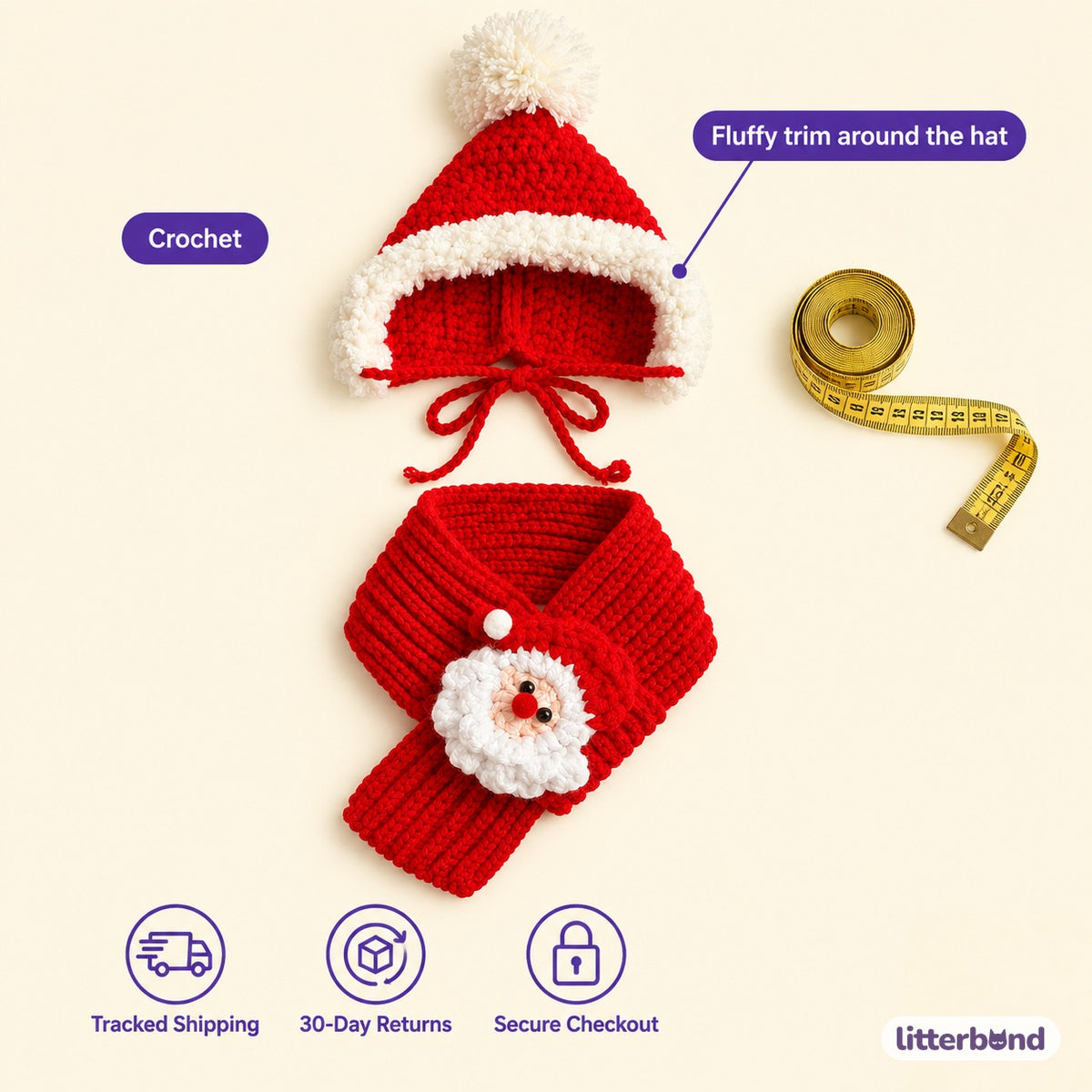 Santa Face Scarf & Bonnet Set - size and details