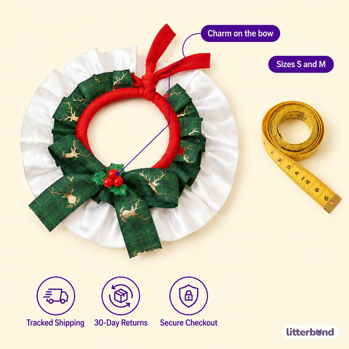 Satin Frill Ribbon Bow Collar - size and details