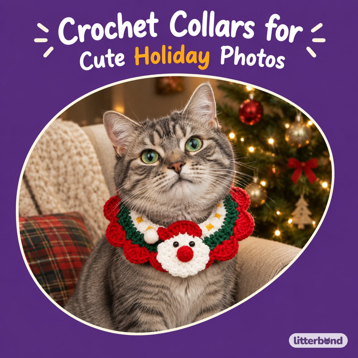 Santa, Bell & Tree Crochet Collar on a cat