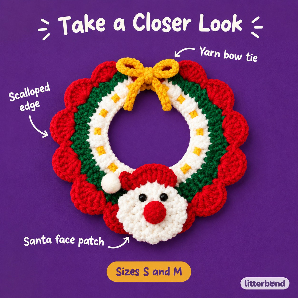 Santa, Bell & Tree Crochet Collar - close-up details